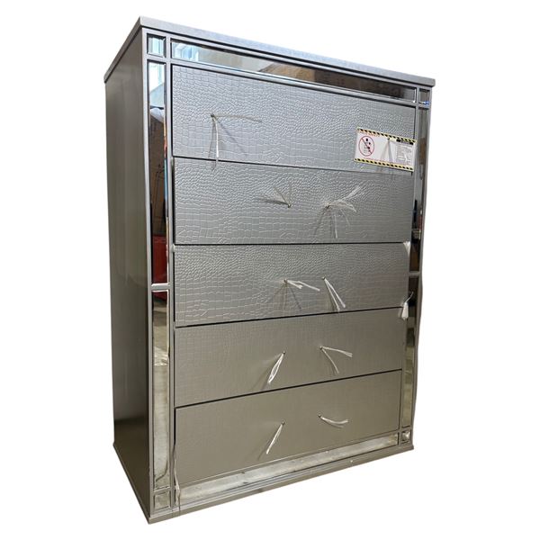 BNIB - Glam Silver Crocodile 5-Drawer Highboy Chest - Mirrored Inlays (handles & legs inside drawers