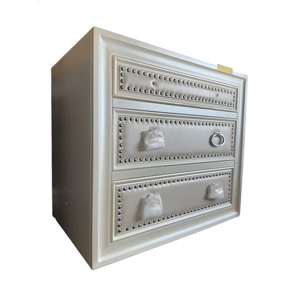 New - Designer Champagne Style Nightstand - Upholstered Drawer Fronts with Stud Detail