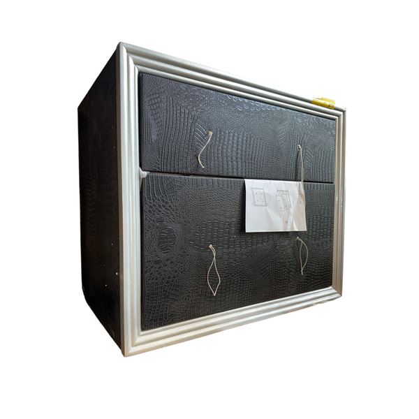 New - Classic Valentino Style 2-Drawer Nightstand - Black Croc Texture & Silver Trim (handles & legs