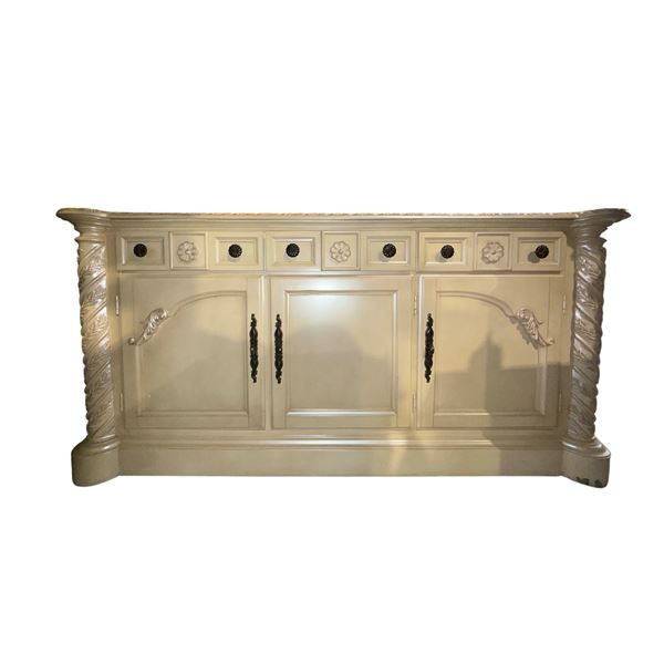 Ornate French Provincial Sideboard - Cream Finish with Carved Spiral Pillars & Floral Accents