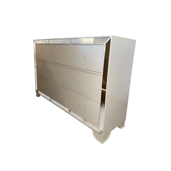 New - Modern 6-Drawer Dresser - Off-White Finish with Mirrored Inlay Trim & Tapered Feet (handles an