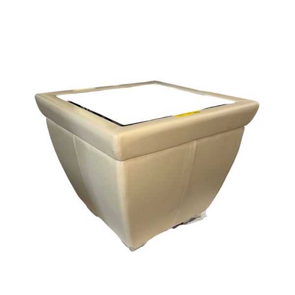 New - Set of 2 Square Champagne Faux Leather Glass Top Side Tables - Tapered Design
