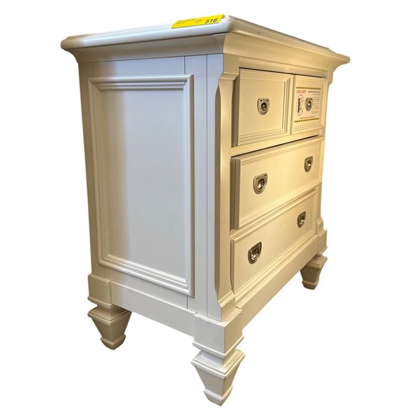 White 3-Drawer Nightstand - Traditional Style with Recessed Side Panels & Turned Feet