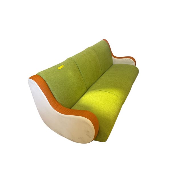 Modern 3-Seater Sofa - Tri-Tone Green, Orange & Cream Fabric with Curved Silhouette