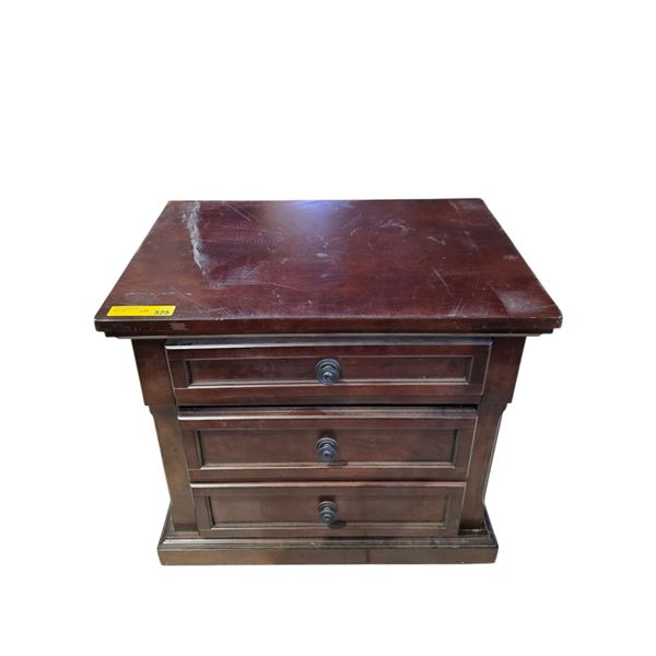 Traditional 3-Drawer Mahogany Nightstand - Rich Cherry Finish with Antique Bronze Knobs - legs insid