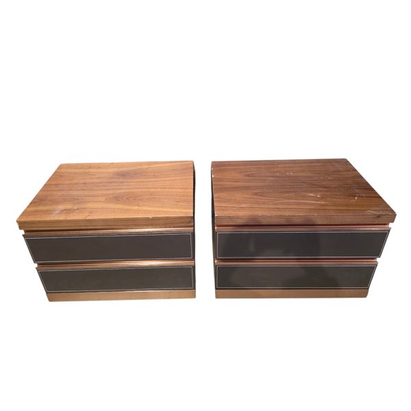 Pair of Mid-Century Style 2-Drawer Nightstands - Walnut Wood Grain with Black Accent Panels