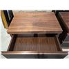 Image 6 : Pair of Mid-Century Style 2-Drawer Nightstands - Walnut Wood Grain with Black Accent Panels