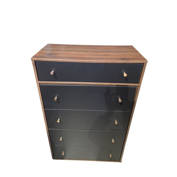 Modern 5-Drawer Tall Chest - Walnut Wood Frame with Matte Black Drawer Fronts