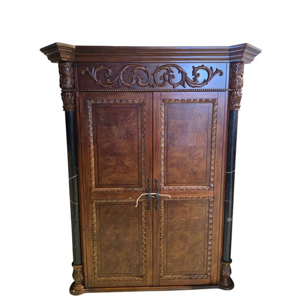 New - Grand Neoclassical Armoire - Burl Wood Inlay with Black Faux Marble Corinthian Columns