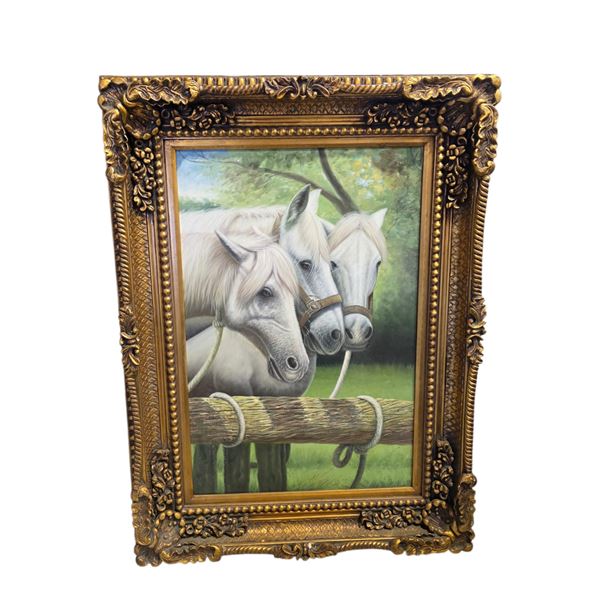 Framed "Three White Horses at a Fence" Oil on Canvas - Ornate Gilt Baroque Style Frame - approx. 36 