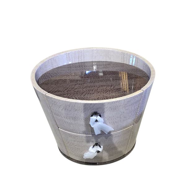 New - Luxury Circular Tapered Nightstand - High-Gloss Grey Birdseye Maple Finish - 2 Drawers