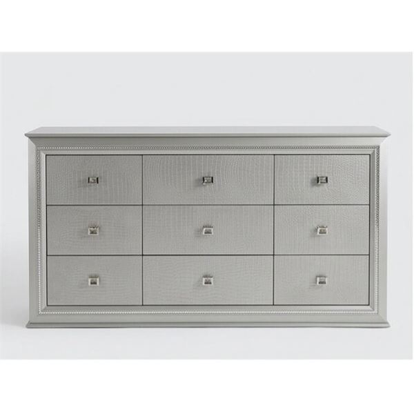 Large 9-Drawer Dresser - Embossed Silver Croc Finish - Crystal Jewel Hardware - Beaded Trim