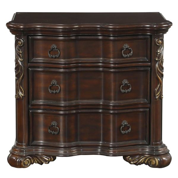 BNIB - Traditional Ornate Nightstand, Cherry Wood 3-Drawer Chest, Rococo Style, Carved Pilaster