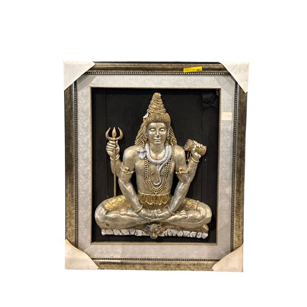 New Framed 3D Sculptural Relief of Lord Shiva in Gold & Silver - approx.  49in x 41in