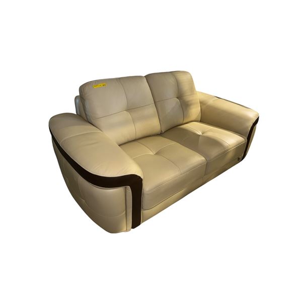 Mazarian New Contemporary Cream Leather Loveseat with Noir Contours
