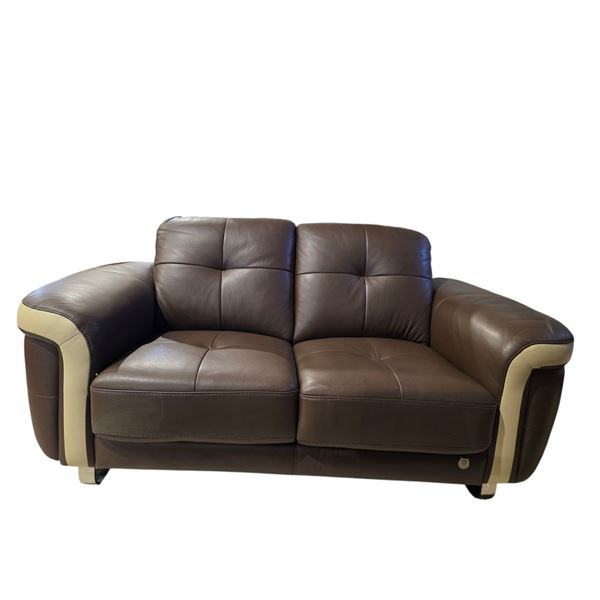 Mazarian Espresso Leather Loveseat with Cream Accents