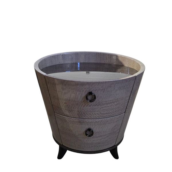 New Designer Contemporary 2-Drawer Round Nightstand – Grey Oak Veneer & Sleek Black Legs