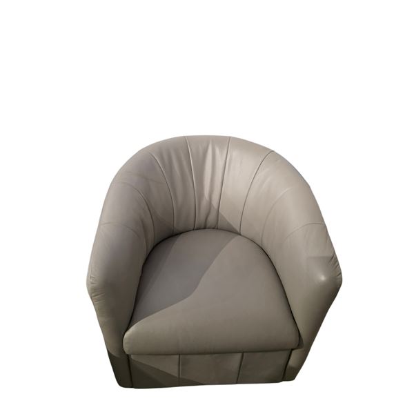 Contemporary Grey Leather Club Chair – Modern Barrel Design with Plush Seating