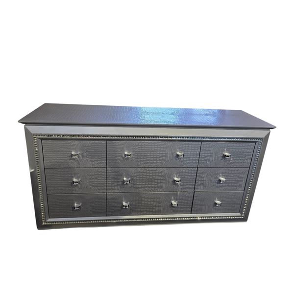 Glamorous Silver 9-Drawer Dresser – Faux Alligator Embossed Finish with Mirror Trim