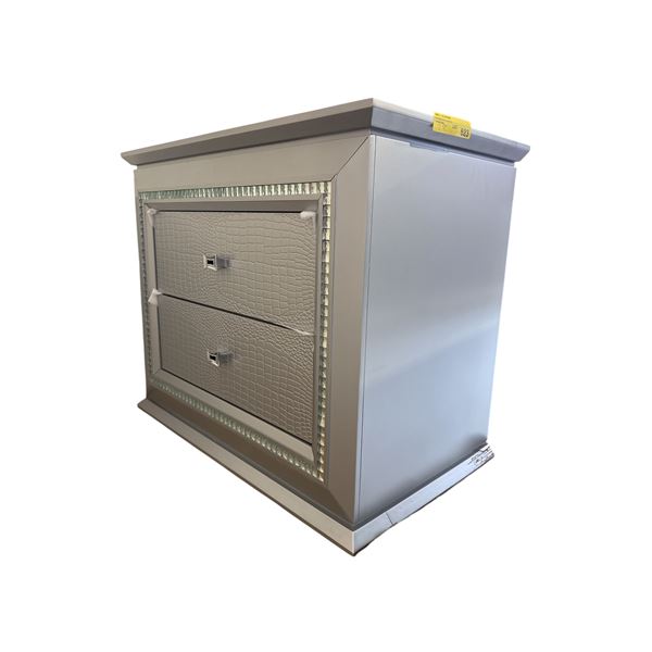 New - Modern Silver 2-Drawer Accent Table with Crystal Beading and Crocodile Texture