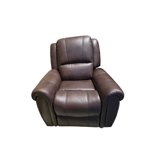 New - Amax Leather - Sleek Espresso Leather Power Reclining Lounge Chair - Brass Stud Trim Detail