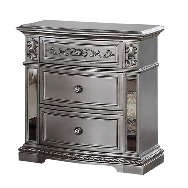 BNIB - Glam Silver 3-Drawer Nightstand with Crystal Knobs and Mirrored Insets