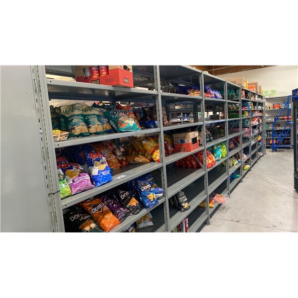 CONTENTS OF ENTIRE SHELVING UNIT - CHIPS, BEEF JERKY, NUTS, CRACKERS, POPCORN, SALSA & ASSORTED