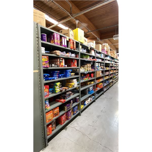 CONTENTS OF ENTIRE SHELVING UNIT - CHOCOLATE, COOKIES, CANDY, ENERGY SHOTS, HALLS, GUM &
