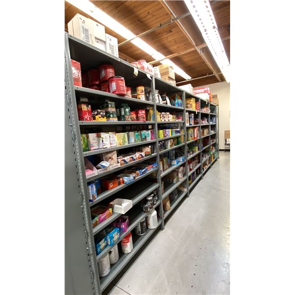 CONTENTS OF ENTIRE SHELVING UNIT - PROTEIN POWDER, PRE WORKOUT, PROTEIN BARS, COFFEE, CEREAL,