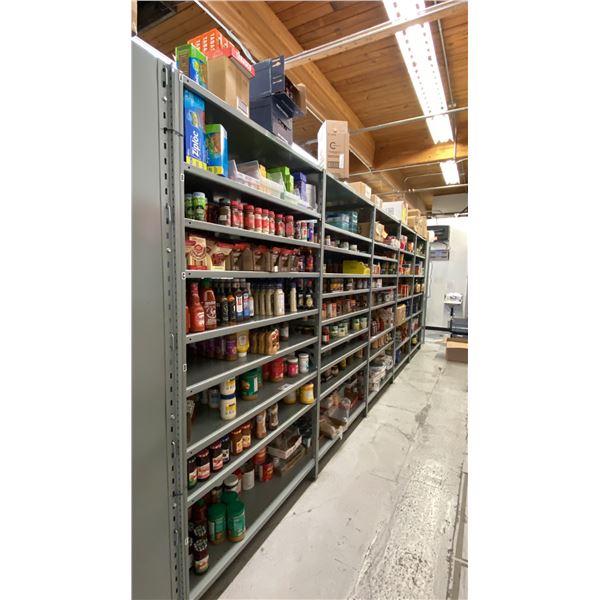 CONTENTS OF ENTIRE SHELVING UNIT - CONDIMENTS, SPICES, CANNED GOODS, PASTA, SOUPS, RICE,