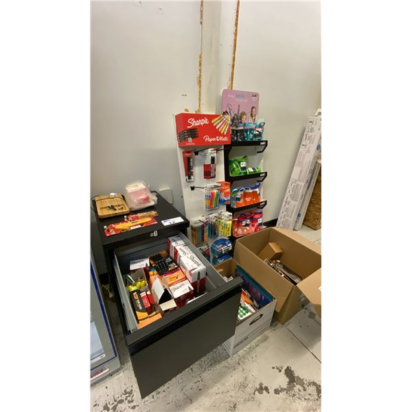 BLACK 2 DRAWER FILING CABINET, ASSORTED STATIONERY ITEMS & CHILDRENS WATER BOTTLES
