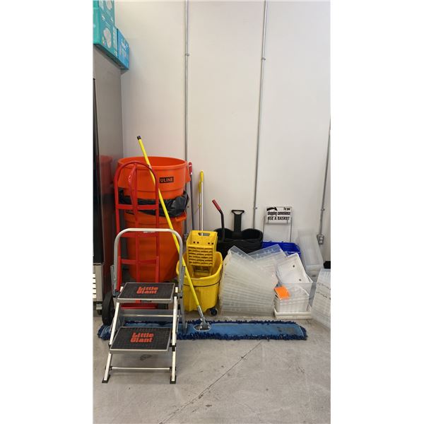 U-LINE H-1786 RED HAND TRUCK, LITTLE GIANT FOLDING STEP LADDER, MOP BUCKET, SHOPPING