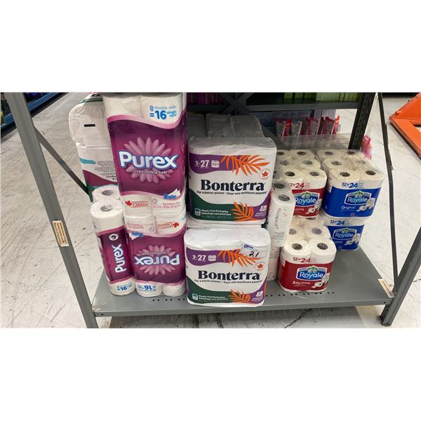 HUGE ASSORTMENT OF TOILET PAPER, PAPER TOWELS, TISSUES & PAPER PLATES- CHARMIN, ROYALE,