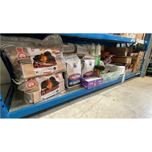 SHELF OF FIREWOOD, FIRE STARTER, RAID, ICE PACKS, CHARCOAL BRIQUETS, TIDE LAUNDRY SOAP & MORE
