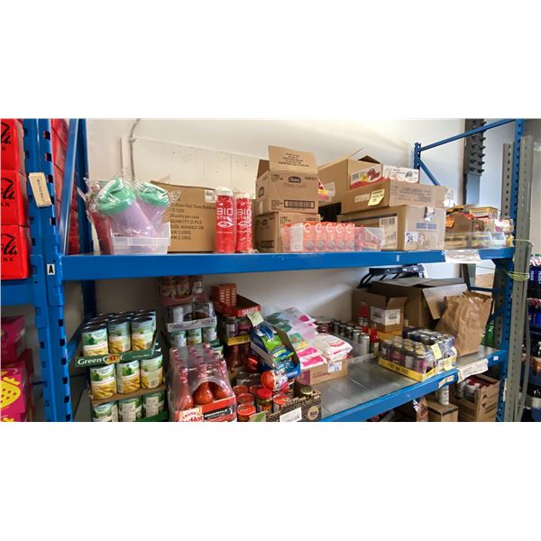 2 SHELVES OF ASSORTED FOOD PRODUCTS- CANNED GOODS, CANDY, ENERGY DRINKS, WATER BOTTLES,