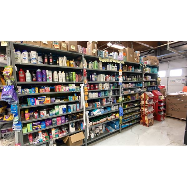 CONTENTS OF ENTIRE SHELVING UNIT- MEDICINE, HYGIENE PRODUCTS, STATIONERY PRODUCTS,