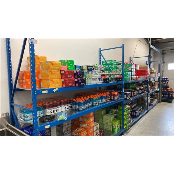 BLUE COMMERCIAL RACKING UNIT WITH 4- 8' UPRIGHTS, 18- 8' SIDE RAILS & ALUMINUM PANEL DECKING