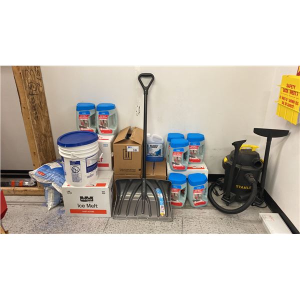 LARGE ASSORTMENT OF ICE MELT, STANLEY SHOP VAC, SNOW SHOVEL & WINDSHIELD WASHER FLUID