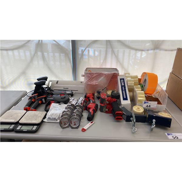 SCOTCH LAMINATOR, SCANNER GUNS, SCALES, TAPE DISPENSERS, PACKAGING TAPE, LABELS,