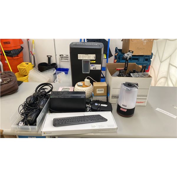GROUP OF ASSORTED OFFICE ITEMS- PAPER SHREDDER, BACK-UPS 600, WIRELESS KEYBOARD,