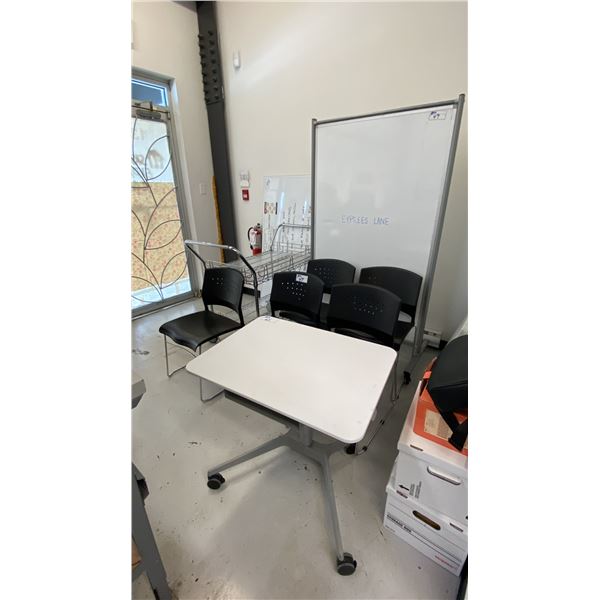 LARGE MOBILE WHITEBOARD, 5 BLACK PLASTIC OFFICE CHAIRS, U LINE METAL 2 TIER CART, 2 PLASTIC