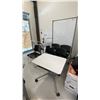 Image 1 : LARGE MOBILE WHITEBOARD, 5 BLACK PLASTIC OFFICE CHAIRS, U LINE METAL 2 TIER CART, 2 PLASTIC