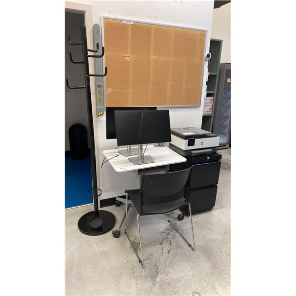 HP OFFICEJET 8015E PRINTER, 2 DRAWER BLACK METAL FILING CABINET, ADJUSTABLE HEIGHT