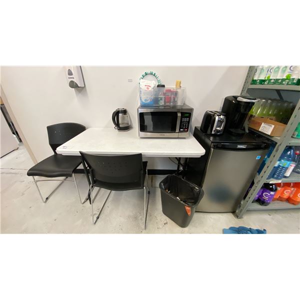 DANBY STAINLESS STEEL/BLACK BAR FRIDGE, KEURIG, TOASTER, TOSHIBA MICROWAVE, KETTLE,
