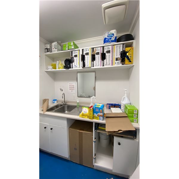 CONTENTS IN BATHROOM INCLUDING- GARBAGE BAGS, PAPER TOWEL, TOILET PAPER, CLEANING SUPPLIES &