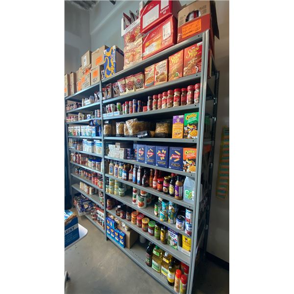 CONTENTS OF 2 SHELVING UNITS- COOKING OILS, CANNED GOODS, CONDIMENTS, PASTA, SPICES & MORE