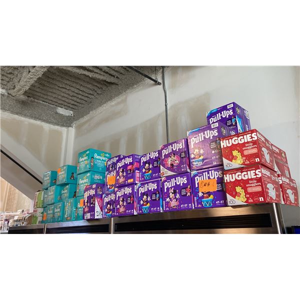 HUGE ASSORTMENT OF VARIOUS SIZED DIAPERS, PAPER TOWEL & TOILET PAPER