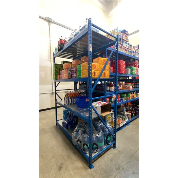 BLUE COMMERCIAL RACKING UNIT WITH 6- 8' UPRIGHTS, 34- 8' SIDE RAILS & ALUMINUM PANEL DECKING