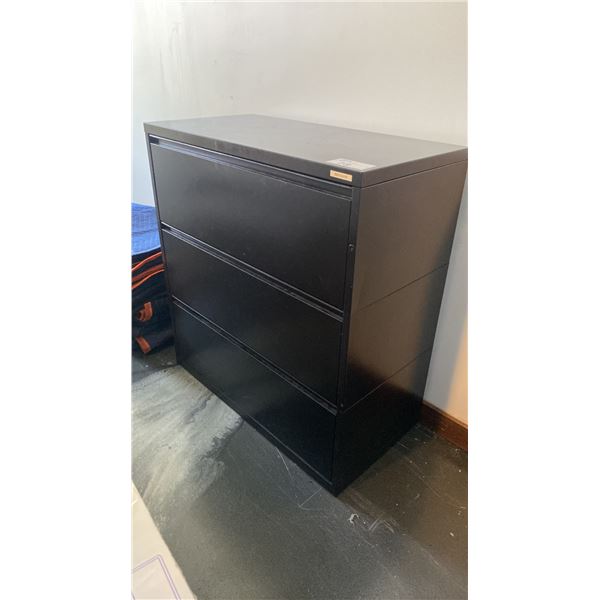 3 DRAWER BLACK LATERAL FILING CABINET WITH ASSORTED OFFICE SUPPLY CONTENTS