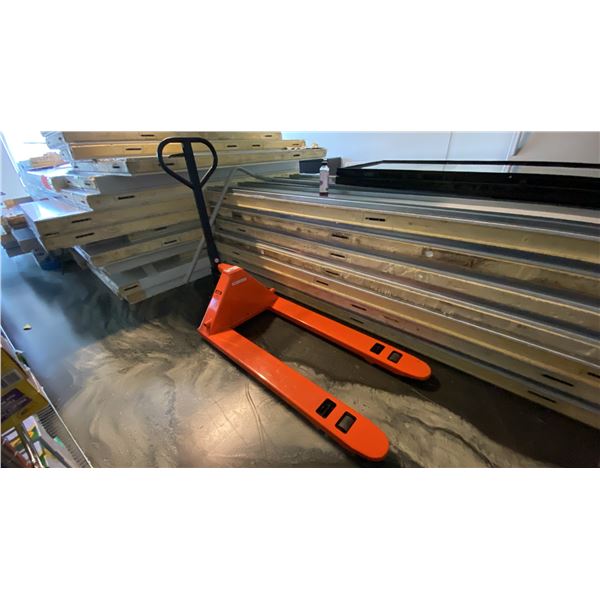 ULINE H-3029 ORANGE 5500LB CAPACITY PALLET TRUCK